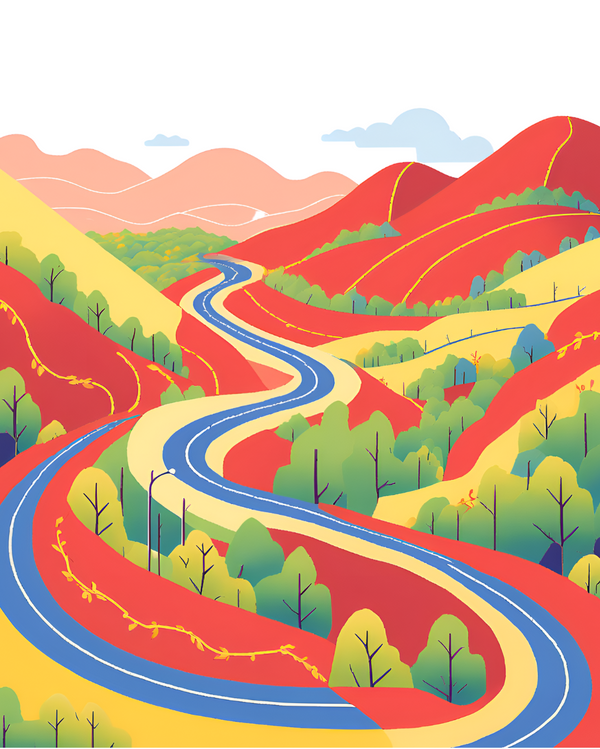 Colorful illustration of a winding road through a mountainous landscape.