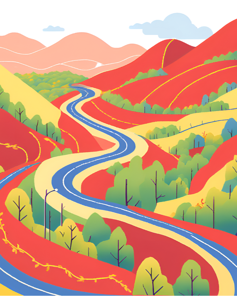 Colorful illustration of a winding road through a mountainous landscape.