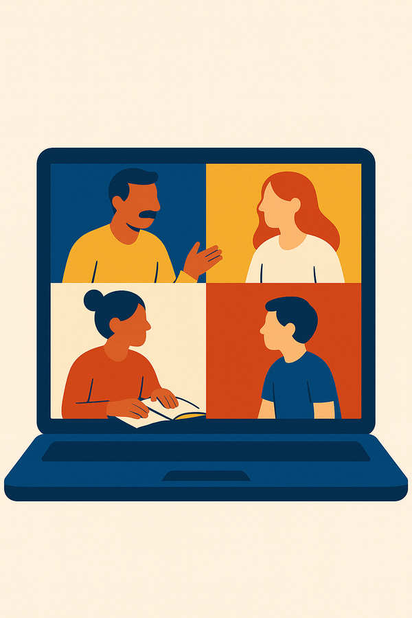Illustration of a laptop screen showing four people in a video call on a beige background