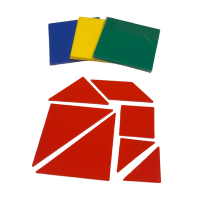 Picture of tangram blocks in red, blue, green, yellow