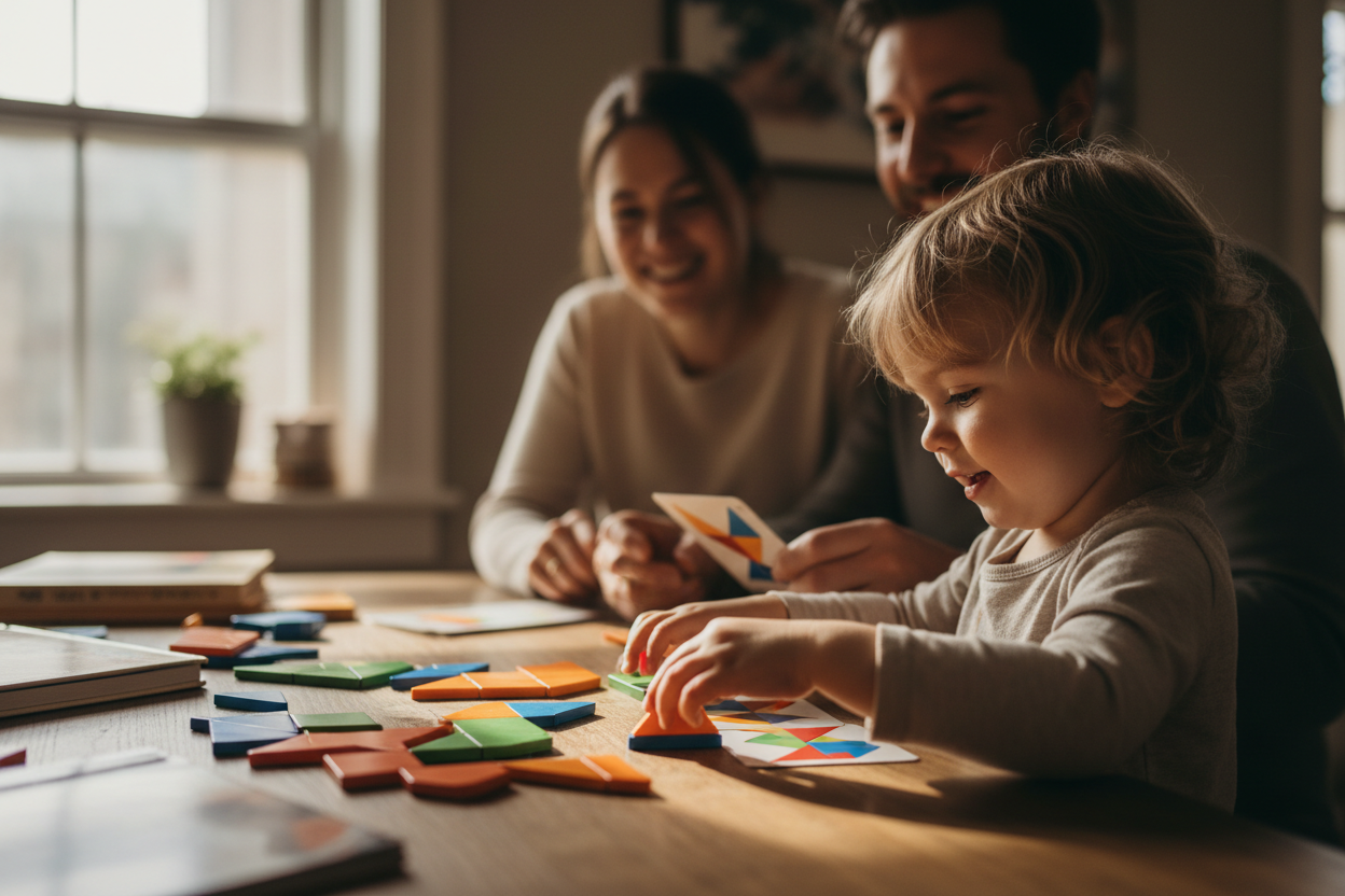 child playing wiht parnets at a table with parents, focused but happy. with tangram shapes. Light source from the side. picture less staged more candid and natural. focus on the toy more than the faces. 